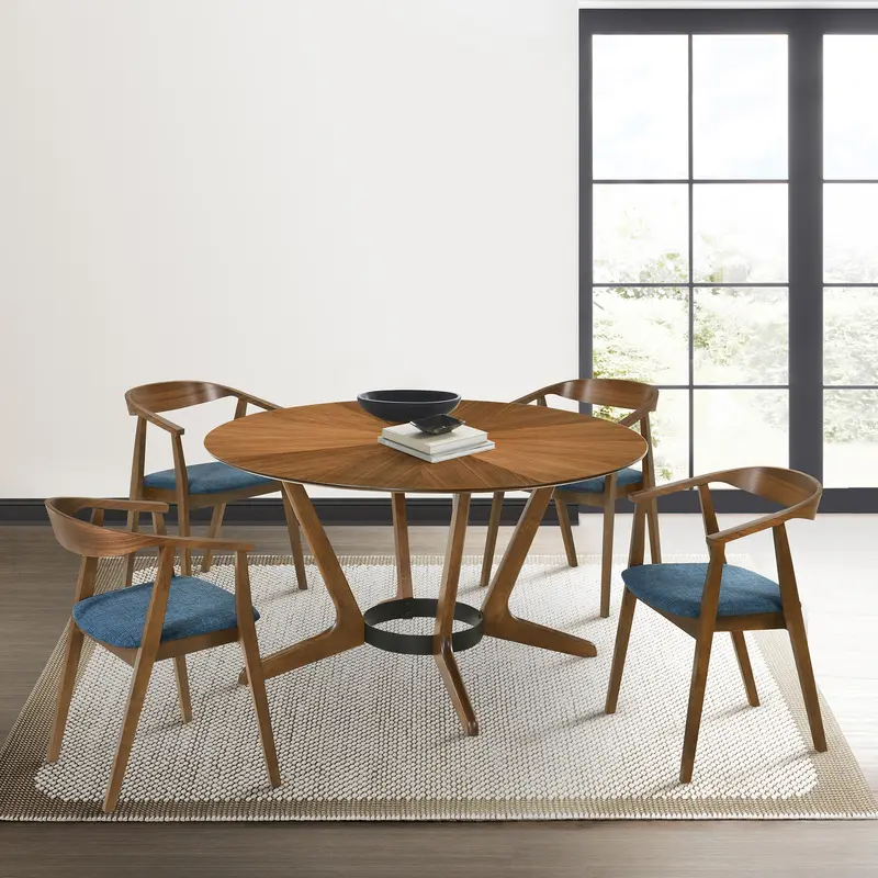 Santana 5 Piece Round Walnut Wood Dining Table Set with Blue Fabric By Armen Living