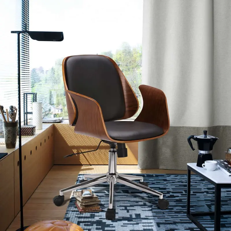 Santiago Mid-Century Office Chair in Black Faux Leather with Walnut Wood Finish By Armen Living