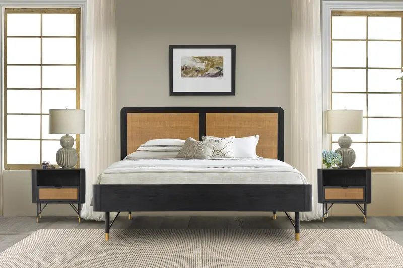 Saratoga 3 Piece King Bedroom Set in Black Acacia Wood and Rattan By Armen Living