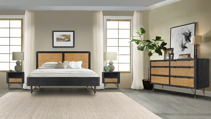 Saratoga 4 Piece King Bedroom Set in Black Acacia Wood and Rattan By Armen Living