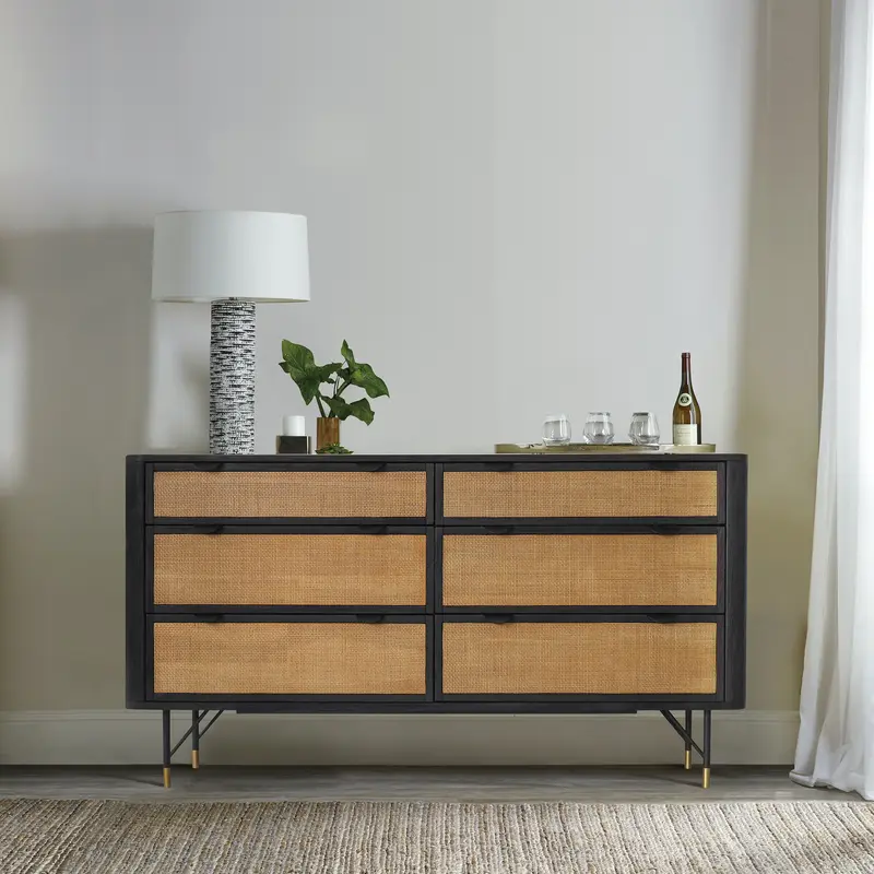 Saratoga 6 Drawer Dresser in Black Acacia with Rattan By Armen Living
