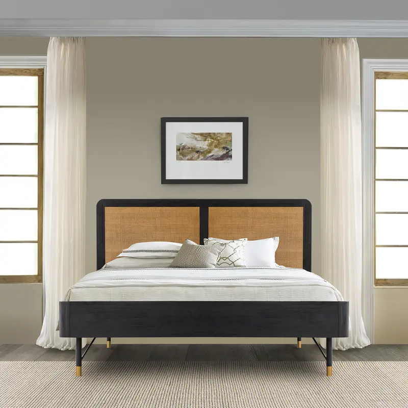 Saratoga King Platform Frame Bed in Black Acacia with Rattan Headboard By Armen Living