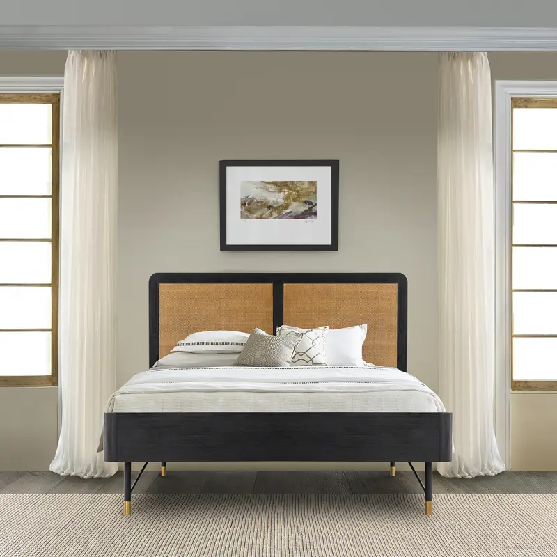 Saratoga Queen Platform Frame Bed in Black Acacia with Rattan Headboard By Armen Living