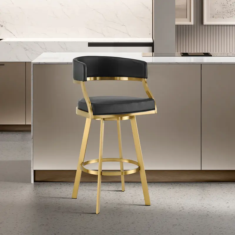 Saturn 30" Swivel Bar Stool with Gold Brushed Stainless Steel and Black Faux Leather By Armen Living
