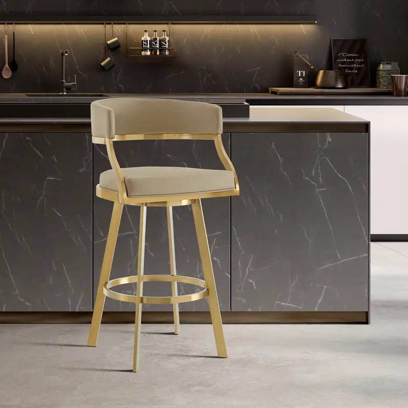 Saturn 30" Swivel Bar Stool with Gold Brushed Stainless Steel and Light Sand Faux Leather By Armen Living
