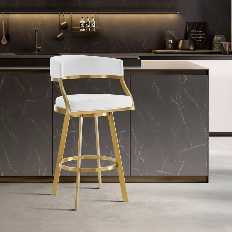 Saturn 30" Swivel Bar Stool with Gold Brushed Stainless Steel and White Faux Leather By Armen Living