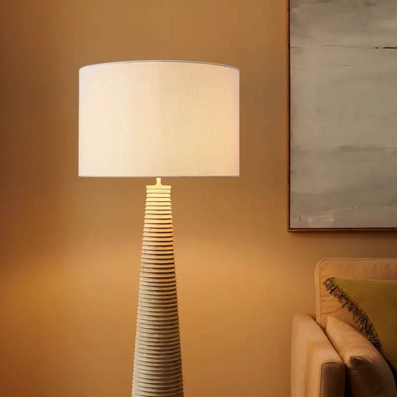 Saylor Carved Ribbed Wood Floor Lamp With Drum Shade by Modway
