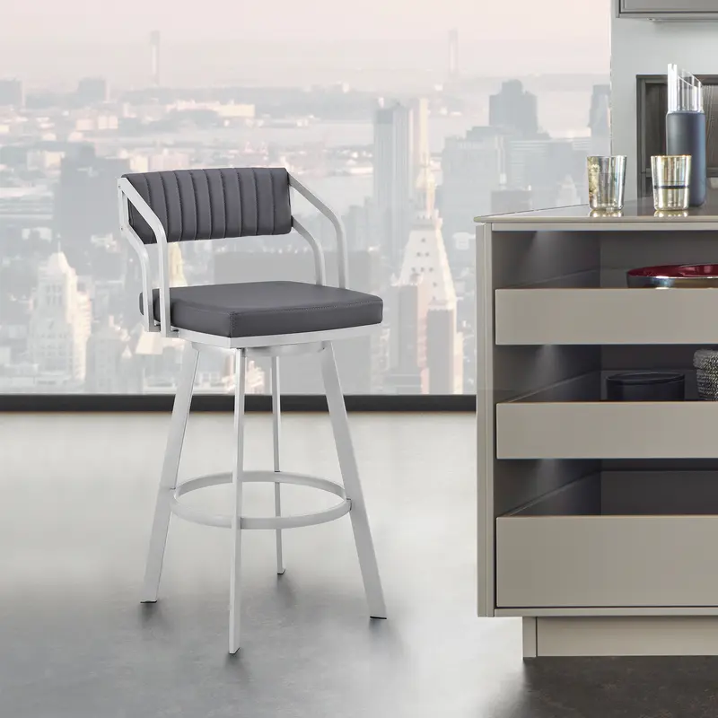 Scranton 26" Swivel Slate Grey Faux Leather and Silver Metal Bar Stool By Armen Living