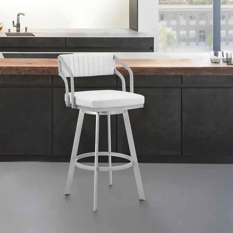 Scranton 26" Swivel White Faux Leather and Silver Metal Bar Stool By Armen Living