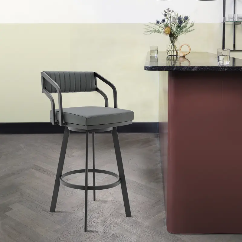 Scranton 30" Swivel Modern Black Metal and Slate Grey Faux Leather Barstool By Armen Living