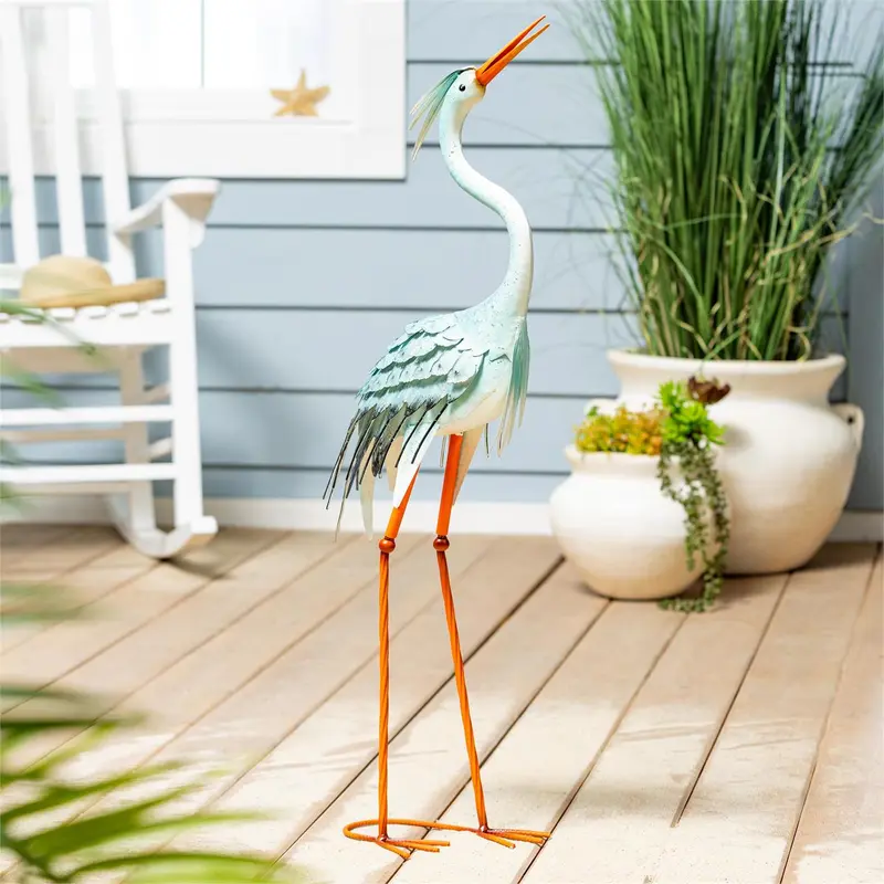 Seaside Retreat Garden Statue, Metal Aqua Blue Heron Statue, Looking Up, 35"H