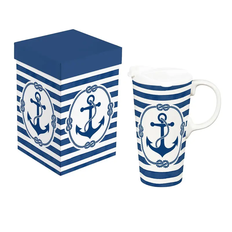 Seaside Retreat Travel Cup Ceramic Perfect Cup, Anchor, 17oz, Gift Box