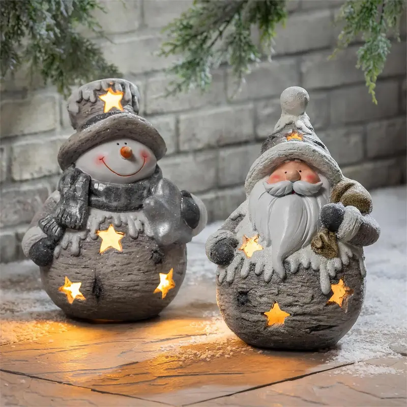 Season to Sparkle Garden Statue, LED MGO Statue, Snowy Santa and Snowman, 14"H, Asst of 2