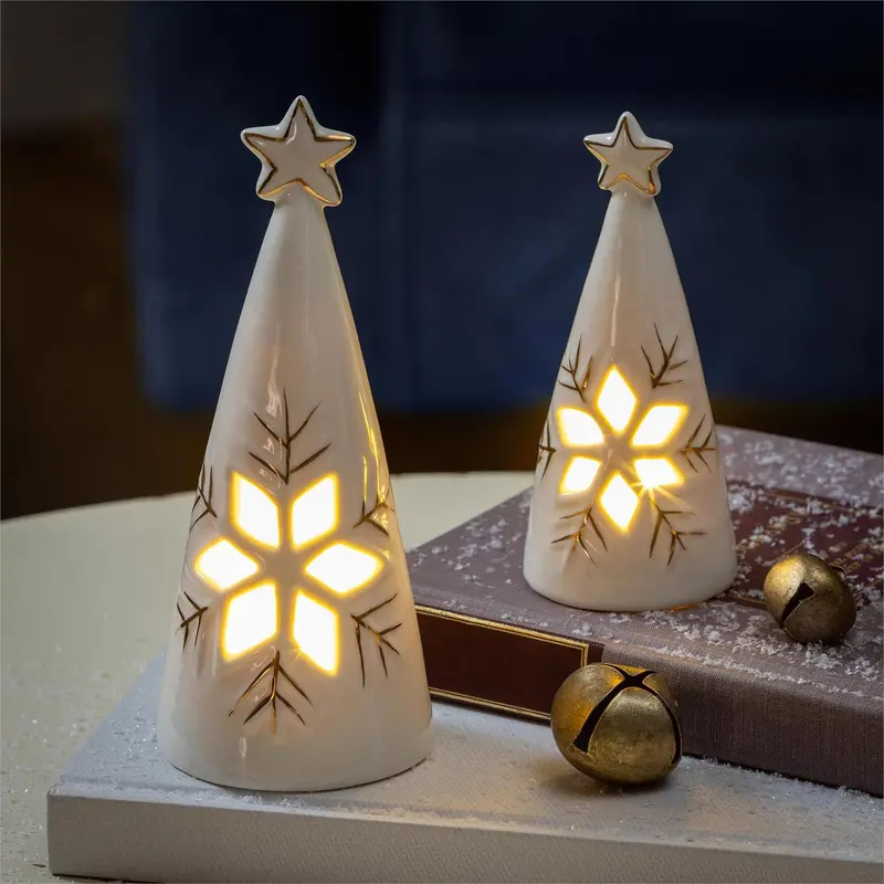 Season to Sparkle LED Table Decor Ceramic Christmas Tree with Snowflake Cut Out, Set of 2