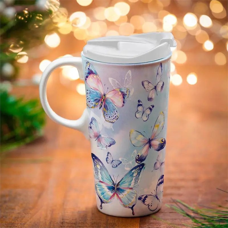 Season To Sparkle Travel Cup Ceramic Perfect Cup, Butterfly, 17oz, Gift Box
