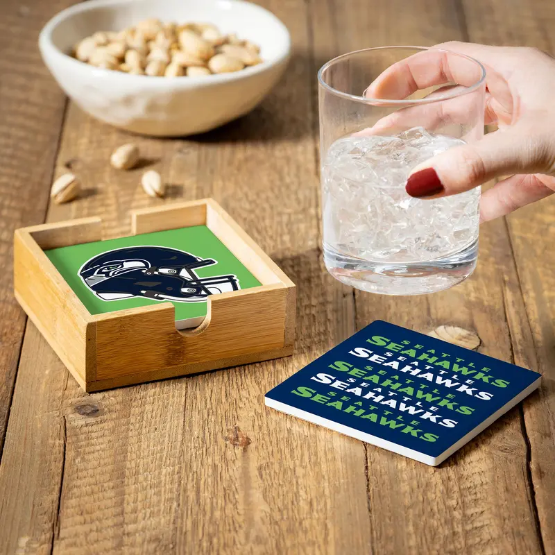 Seattle Seahawks Ceramic Coasters Set, 4pcs with Wood Caddy