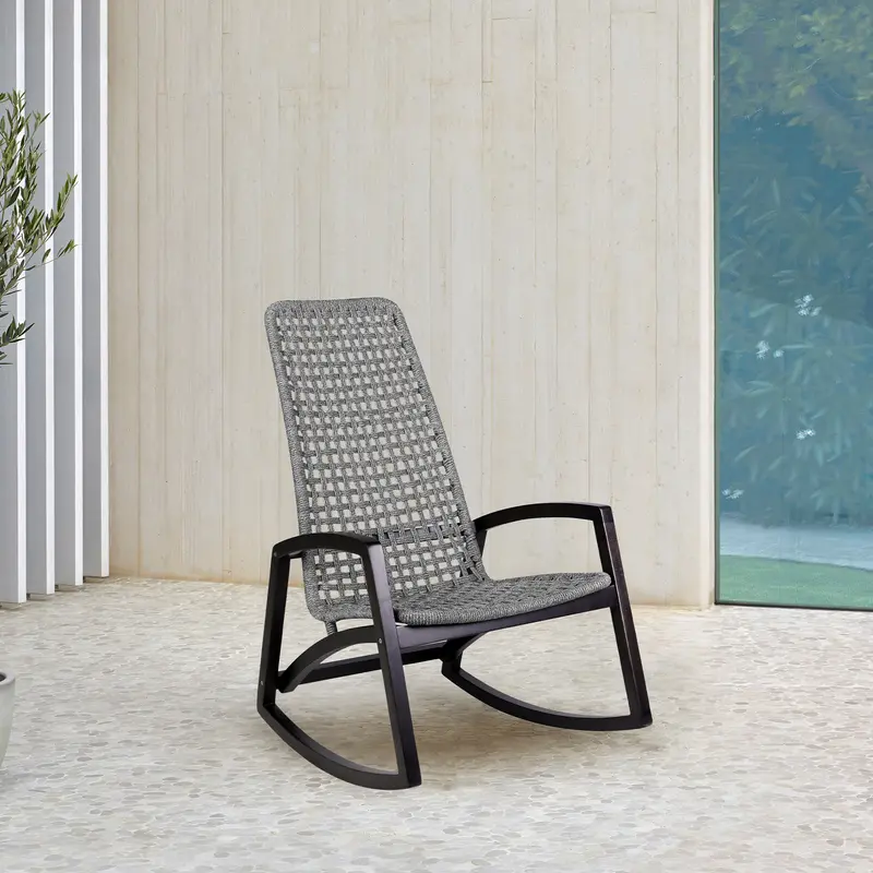 Sequoia Outdoor Patio Rocking Chair in Dark Eucalyptus Wood and Grey Rope By Armen Living