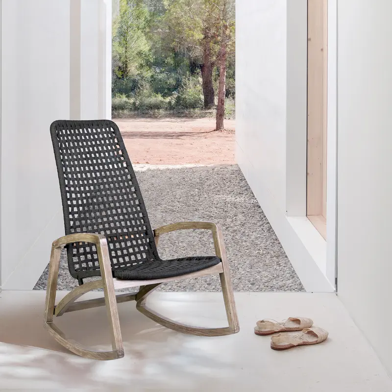 Sequoia Outdoor Patio Rocking Chair in Light Eucalyptus Wood and Charoal Rope By Armen Living