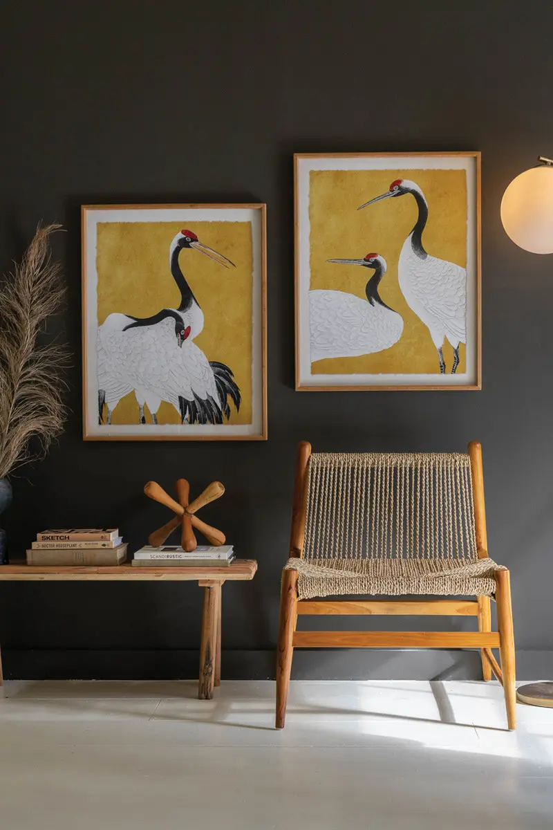 Set 2 Framed Prints Under Glass -Black White And Red Herons By Kalalou