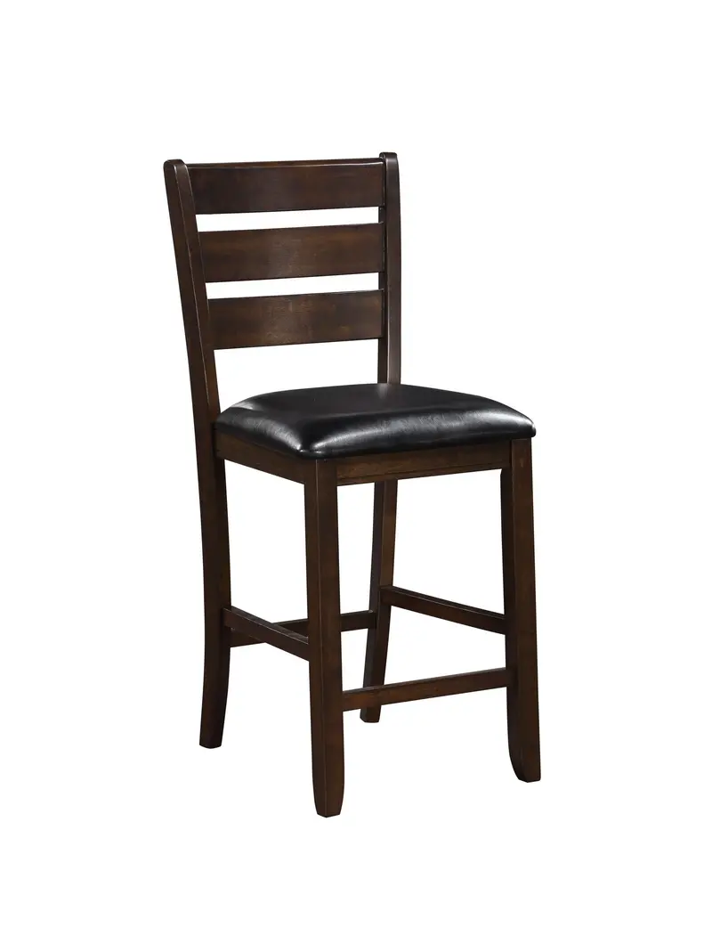 Set of 2 41' Dark Wood Finish and Black Faux Leather Ladder Back Counter Height Chairs By Homeroots