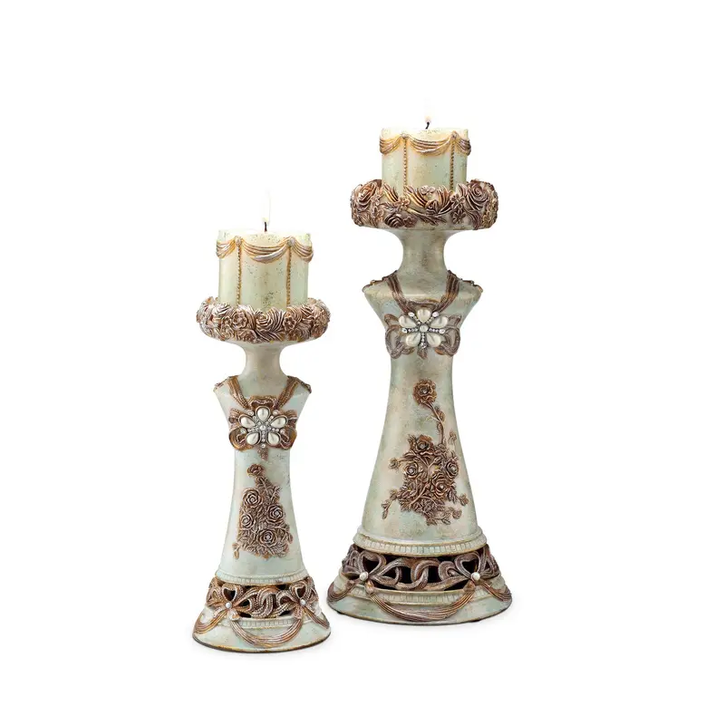 Set of 2 Beige And Brown Vintage Pillar Tabletop Candle Holders By Homeroots