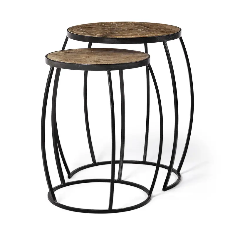 Set of 2 Brown Wooden Round Top Accent Tables with Black Metal Frame Nesting By Homeroots