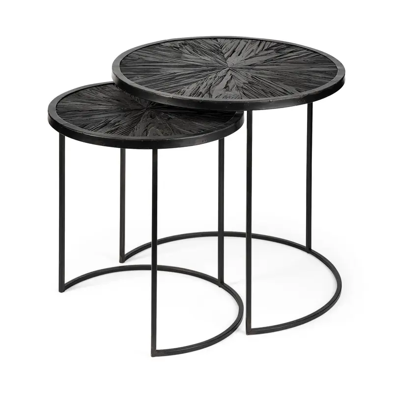 Set of 2 Dark Wood Round Top Accent Tables with Black Iron Frame By Homeroots