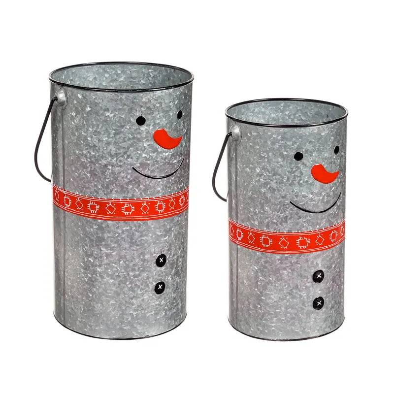 Set of 2 Galvanized Metal Snowman Planter with Scarf, 12"x10.25"x18"inches