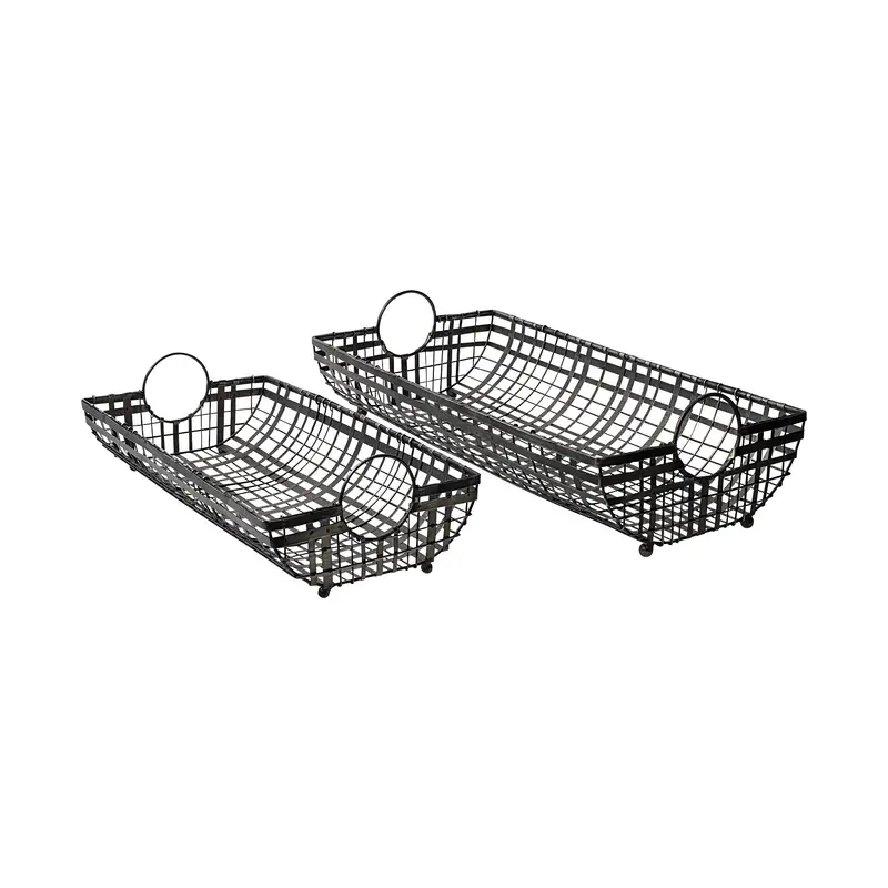 Set Of 2 Gray Metal With Circle Handle Trays By Homeroots