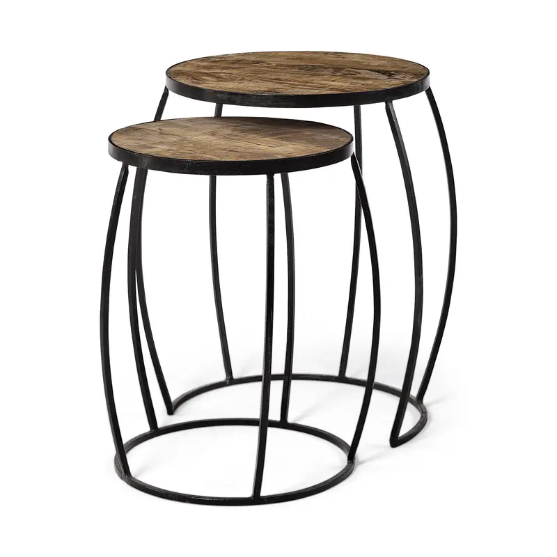 Set of 2 Medium Brown Wooden Round Top Accent Tables with Black Metal Frame Nesting Tables By Homeroots