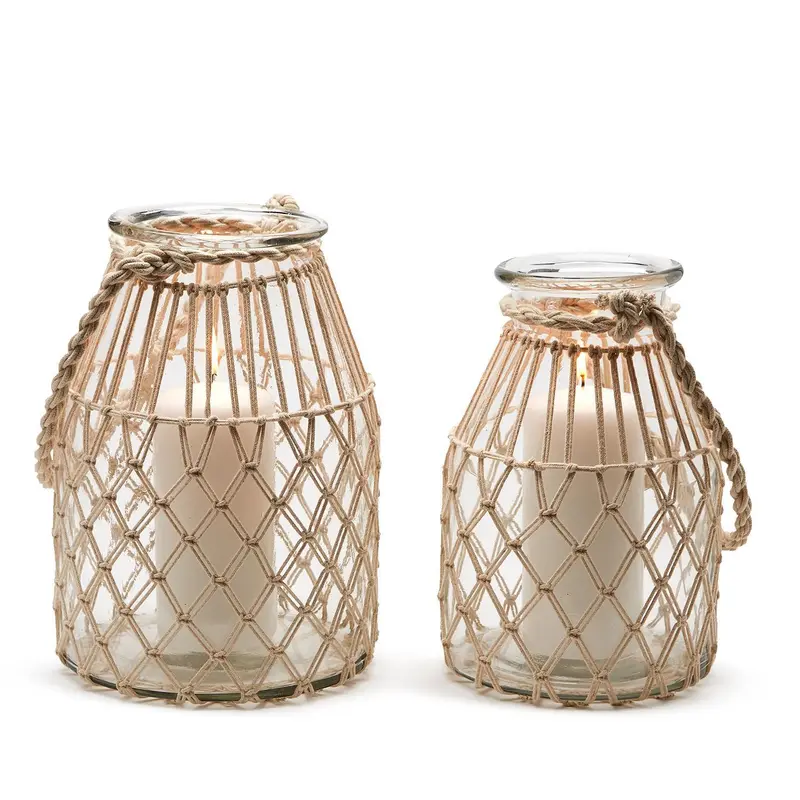Set of 2 MIlk Jar Vase / Candleholder with Natural Rope By Two's Company