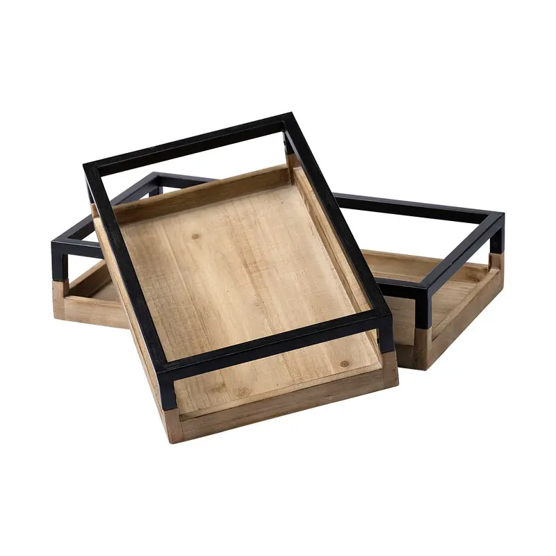 Set Of 2 Natural Finish With Black Nesting Wood Accent Trays By Homeroots