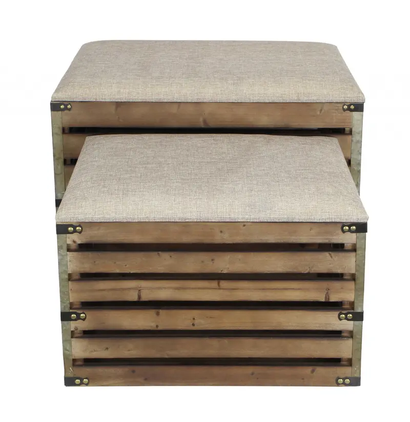 Set of 2 Rectangular Brown Linen Fabric and Wood Slats Storage Benches By Homeroots