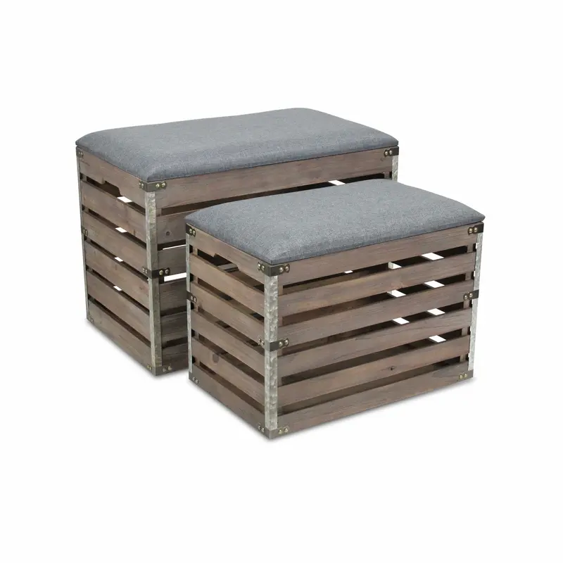 Set of 2 Rectangular Gray Linen Fabric and Wood Slats Storage Benches By Homeroots