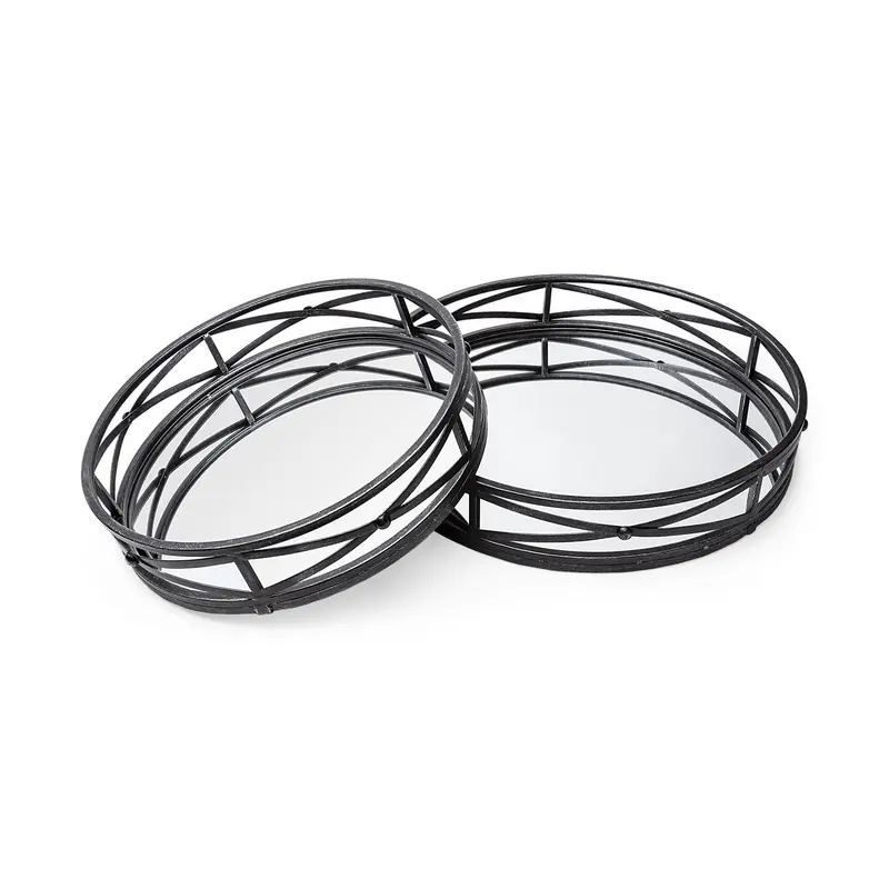 Set Of 2 Round Matte Black Metal With Mirrored Glass Bottom Trays By Homeroots