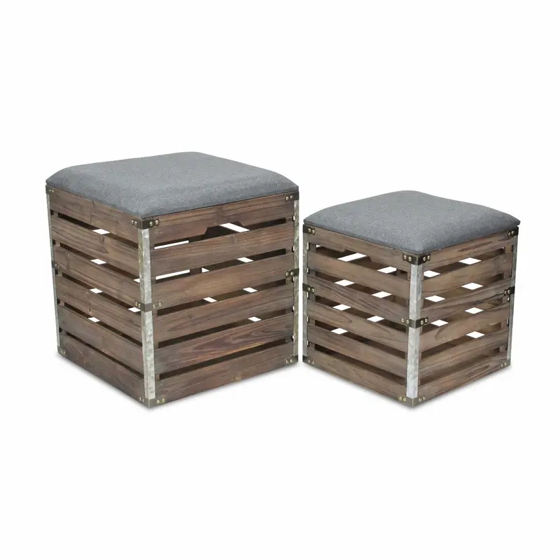 Set of 2 Square Gray Linen Fabric and Wood Slats Storage Benches By Homeroots
