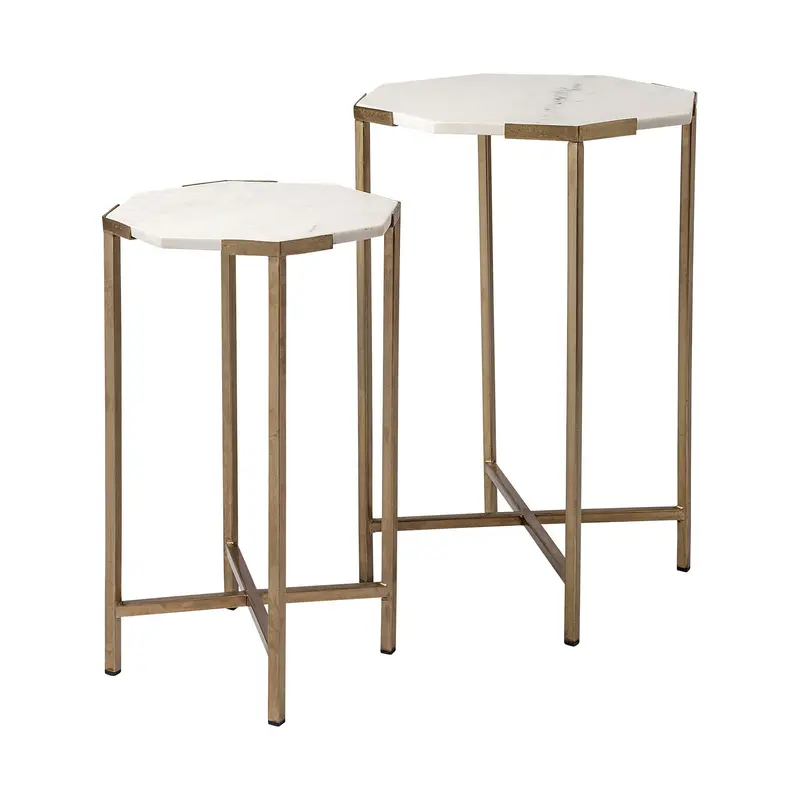 Set of 2 White Marble and Iron Hexagonal Top Side Tables By Homeroots