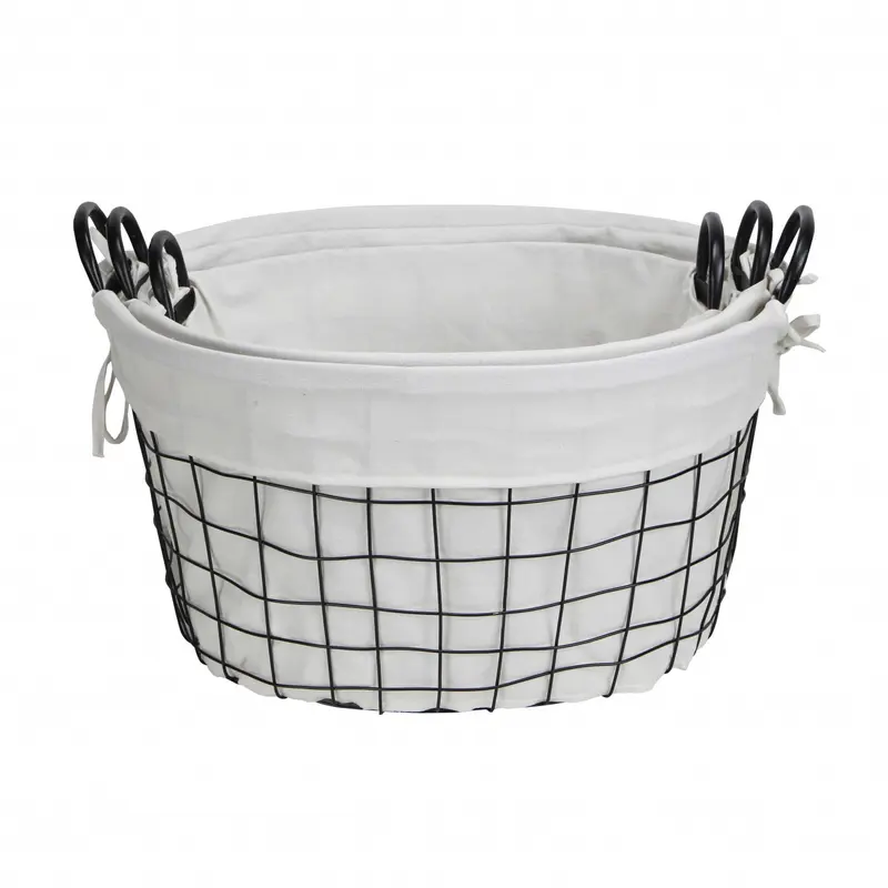 Set Of 3 Oval White Lined And Metal Wire Baskets With Handles By Homeroots
