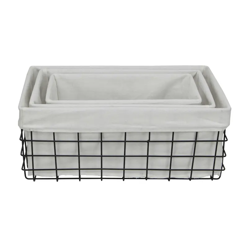 Set Of 3 Rectangular White Lined And Metal Wire Baskets By Homeroots