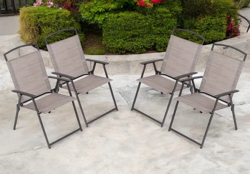 Set of Four Brown Steel Sling Outdoor Folding Arm Chairs By Homeroots