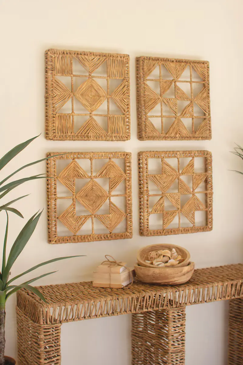 Set Of Four Seagrass And Iron Quilt Pattern Wall Art By Kalalou