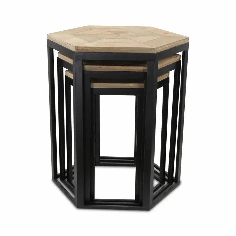 Set Of Three 25" Black And Brown Solid Wood And Steel Hexagon Nested Tables By Homeroots