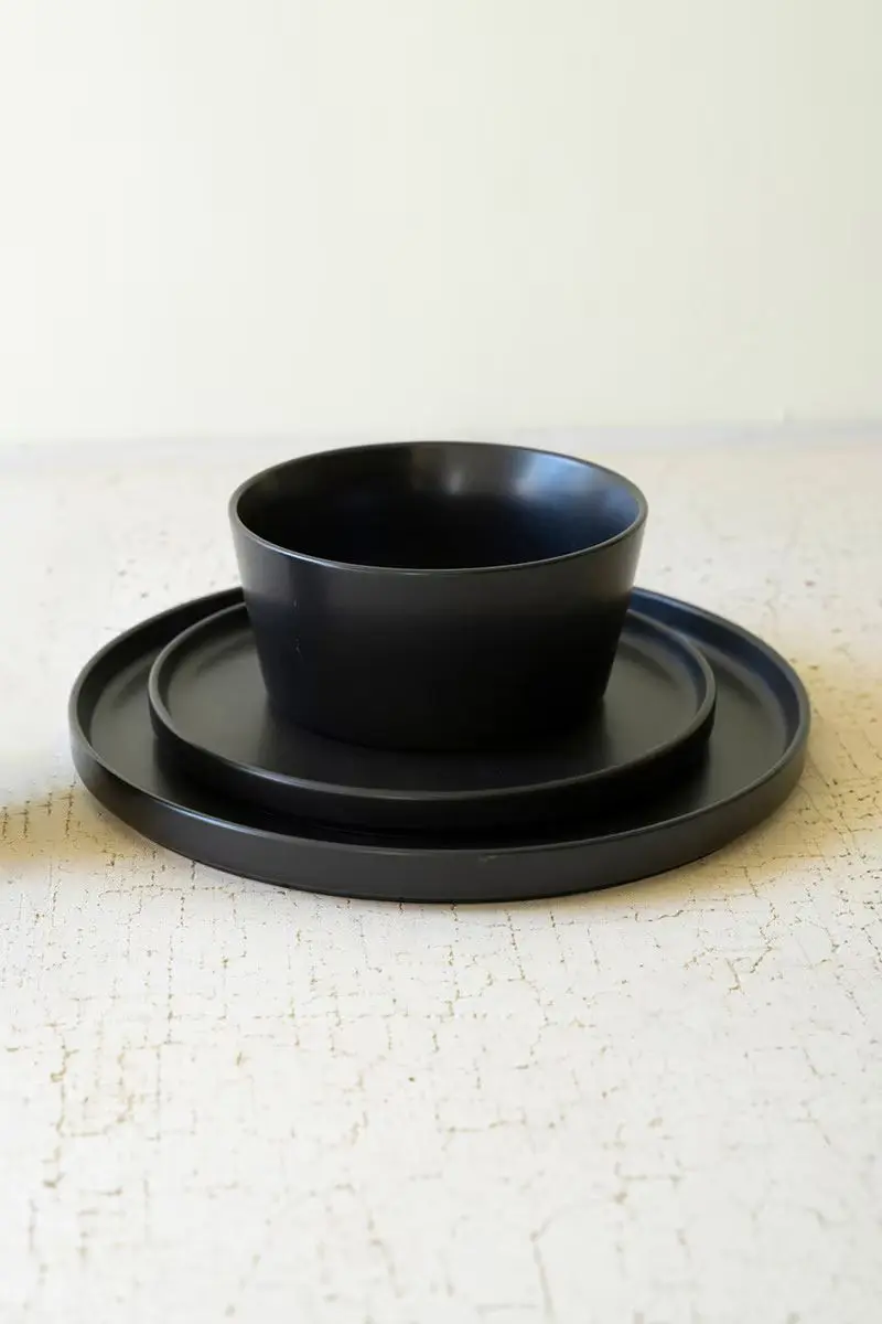 Set Of Three Black Ceramic Dinner Plate, Salad Plate, Bowl By Kalalou
