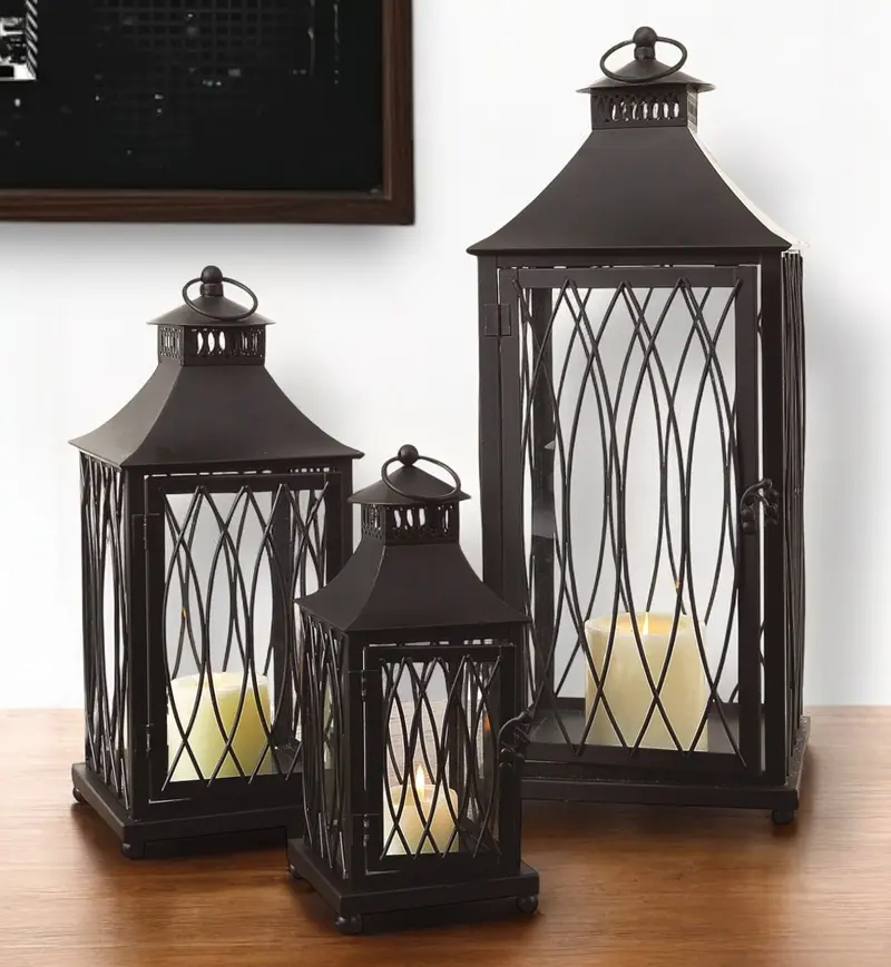 Set of Three Black Glass and Metal Geometric Floor Lantern Candle Holders By Homeroots