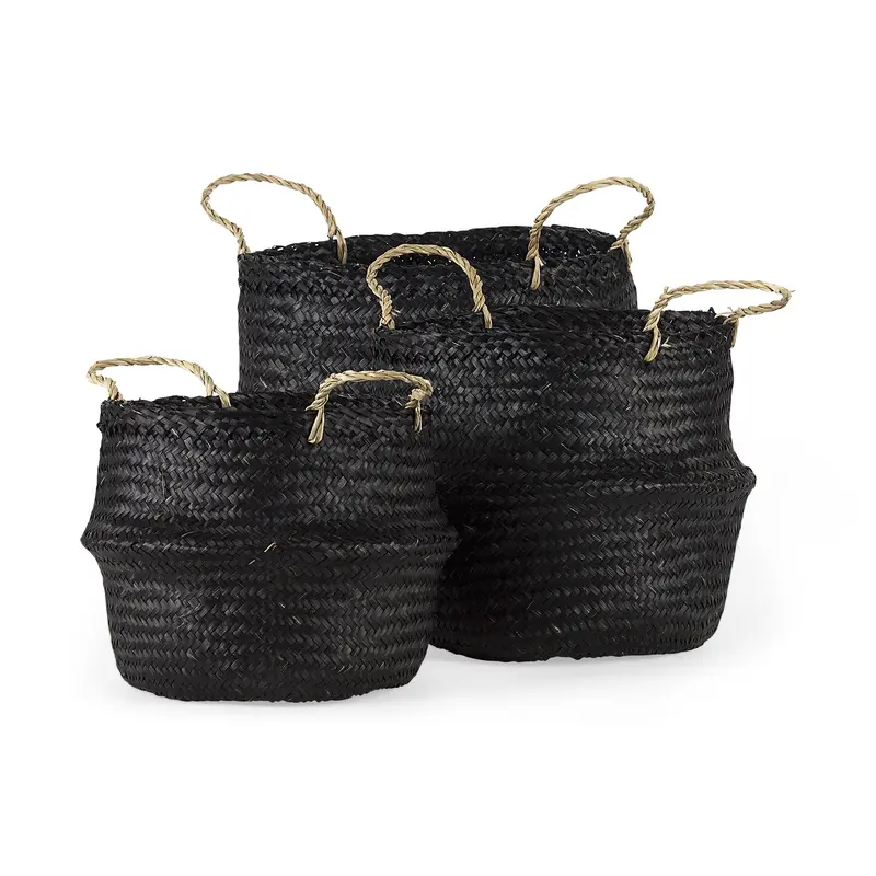 Set of Three Black Wicker Storage Baskets By Homeroots