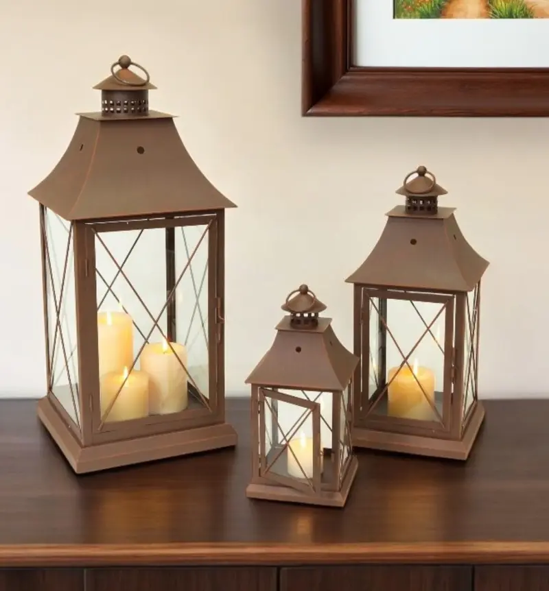 Set of Three Brown Glass and Metal Lattice Floor Lantern Candle Holders By Homeroots