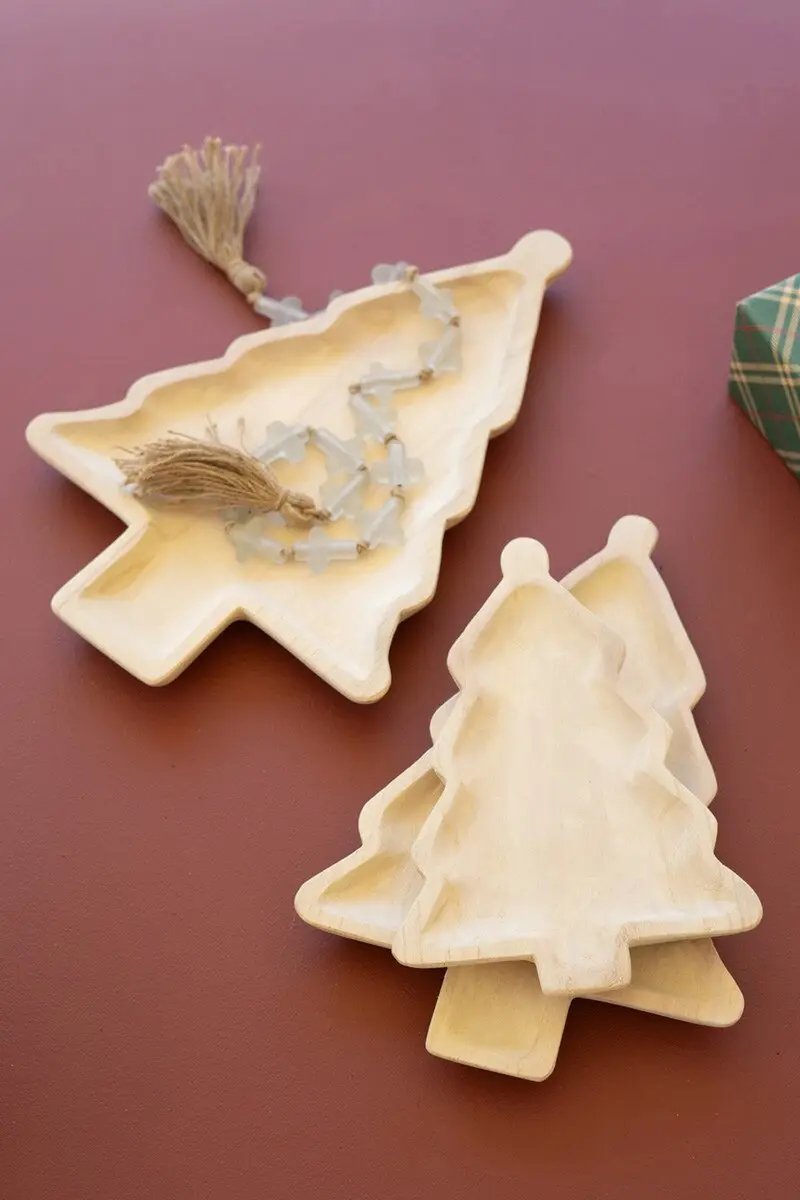 Set Of Three Carved Wood Christmas Tree Platters (Min 2) By Kalalou