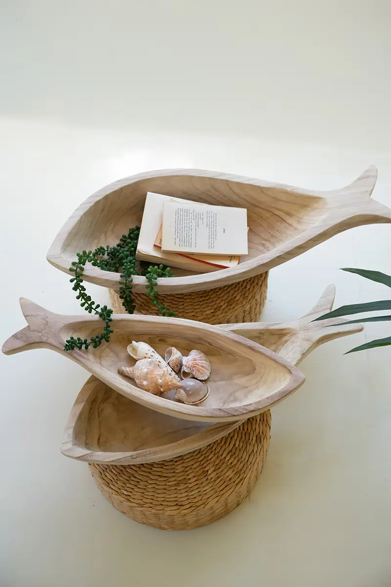 Set Of Three Carved Wood Fish Platters By Kalalou