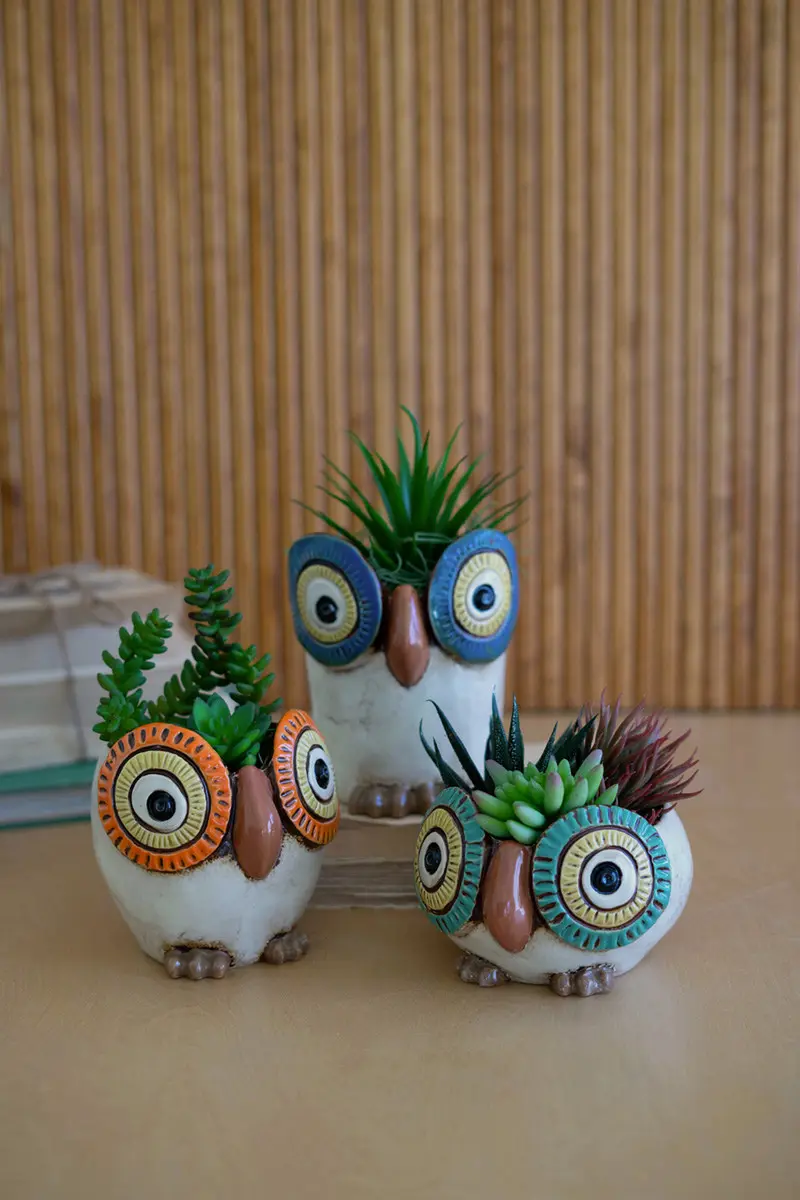 Set Of Three Ceramic Owl Planters By Kalalou