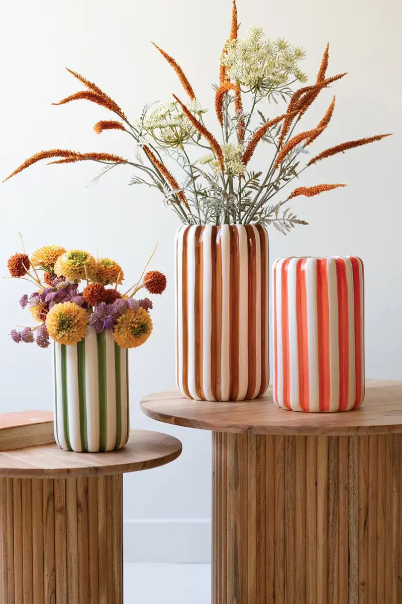 Set Of Three Ceramic Vases With Vertical Stripes - One Each Color By Kalalou